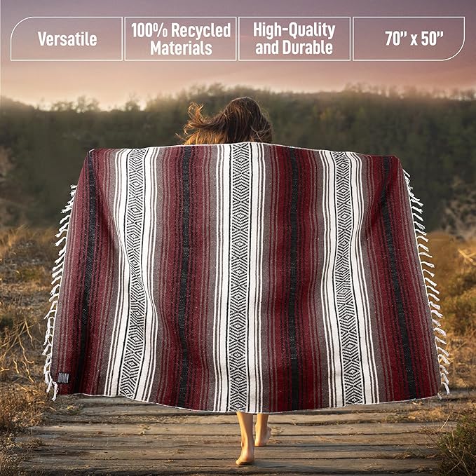 Authentic Large Handwoven Mexican Blanket - Soft Yoga- Durable Serape- Lightweight Falsa, Beach, Camping, Picnic, Outdoor Blanket 70"x50" - Cherry