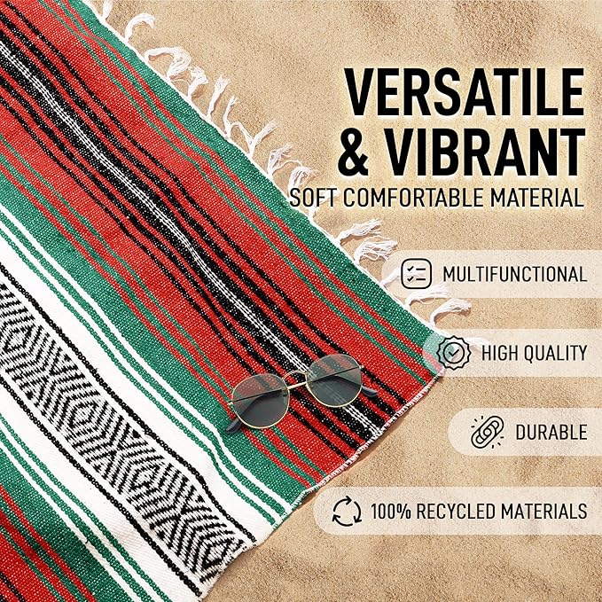 Hydration Nation Authentic Extra Large Mexican Blanket (70"x50") - Handwoven Yoga, Serape- Artisanal Falsa, Beach, Camping, Picnic, Outdoor - Storm Orange