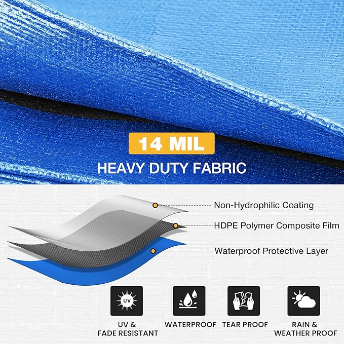 Tarp 10x20 Feet 14 Mil Heavy Duty Waterproof Tarp, Large Multipurpose Cover with Brass Grommets and Reinforced Edges, UV Resistant Thick Poly Tarps for Outdoor Camping Tent Pool Car, Blue
