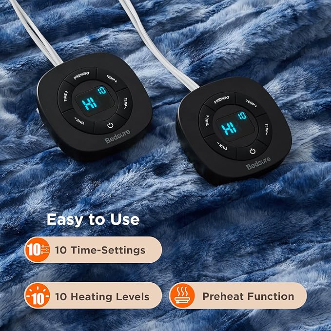 Bedsure Faux Fur Electric Blanket Queen Size, Dual Control Heated Blanket Queen, Fast Heating Blanket with 10 Heating Levels & 10 Time Settings, Cozy Gifts for Women Men (84x90 inches, Denim Blue)