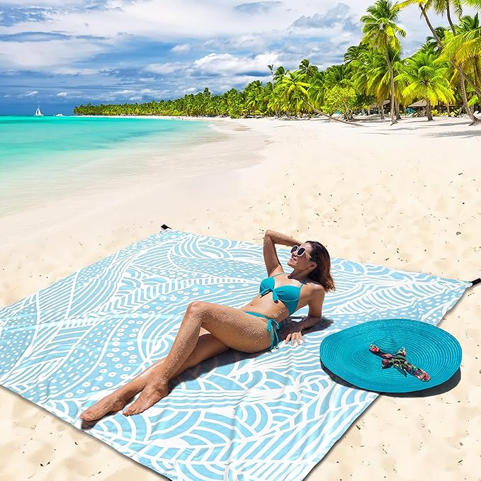 Beach Blanket, Sandproof Beach Mat, Waterproof Quick Drying Lightweight Outdoor Aztec Picnic Mat 79" X 83"/120"x108" for 2-8 Adults for Travel, Camping, Hiking
