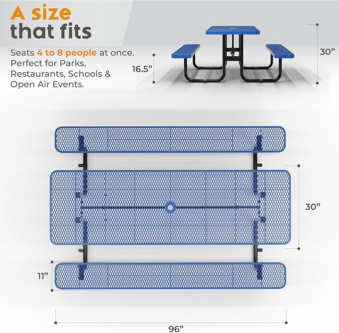 Metal Picnic Furniture for Outdoors with Umbrella Hole - Coated Steel Heavy Duty Commercial Grade Table with Adjustable Seats, Patio Set for a Lifetime (Blue, 8' Rectangular)