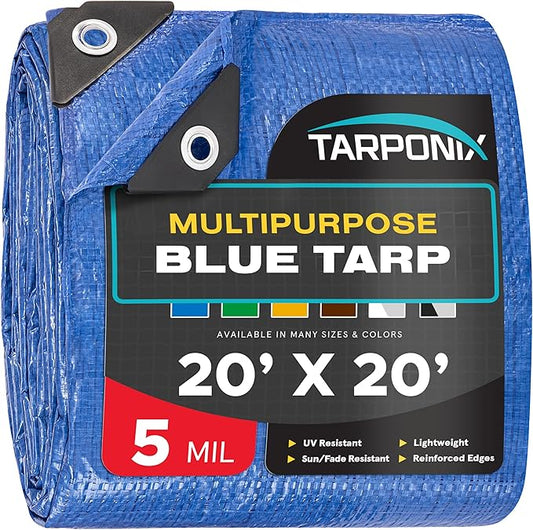 Better Blue Poly Tarp 20’ x 20’ – Lightweight 5 Mil Waterproof Cover – Durable, Weatherproof, Multipurpose Protection for Camping, Roofing, Construction