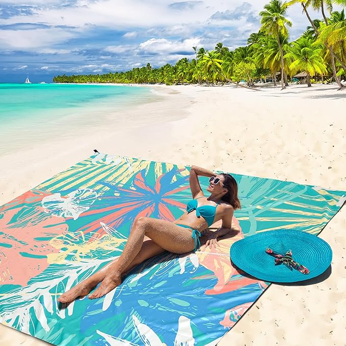 Beach Blanket, Sandproof Beach Mat, Waterproof Quick Drying Lightweight Outdoor Aztec Picnic Mat 79" X 83"/120"x108" for 2-8 Adults for Travel, Camping, Hiking