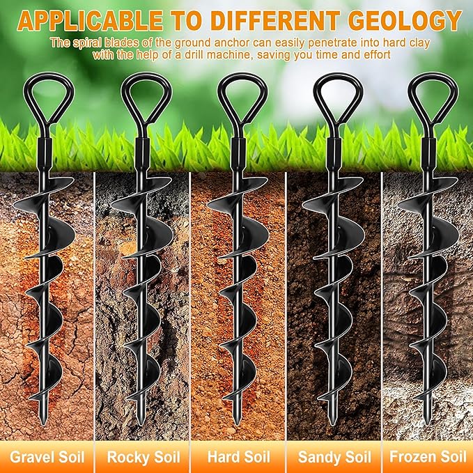 Ground Anchors Screw in 15 Inch, 4Pack Tent Stakes Heavy Duty with T-Handle Hex Wrench and Power Nut Driver
