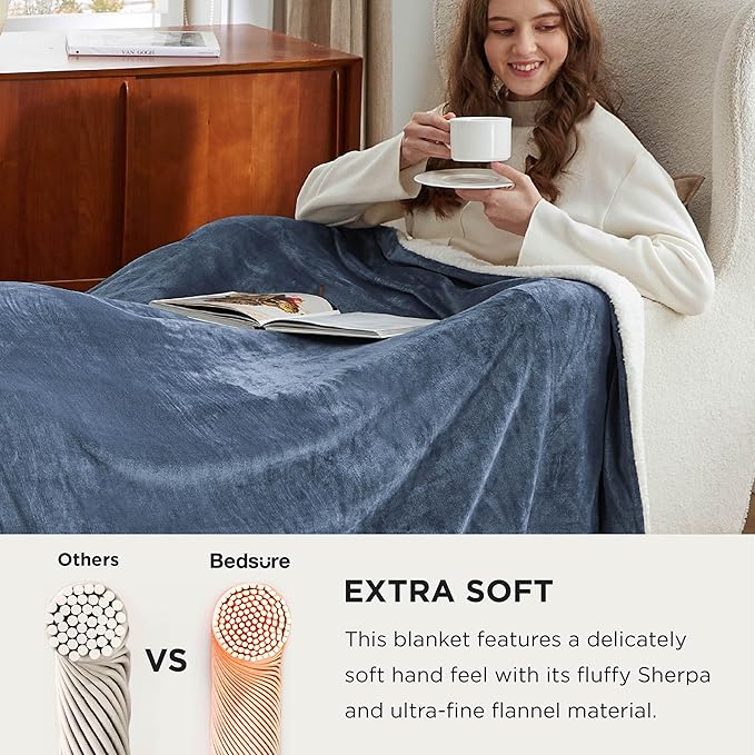 Bedsure GentleSoft Sherpa Fleece Oversized Cal King Blankets for Bed - Thick and Warm, Soft Fuzzy Plush Large Blanket for Winter, Slate Blue, 112x98 Inches