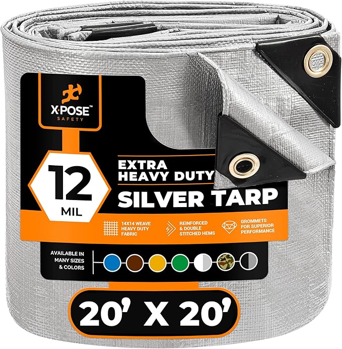 Heavy Duty Silver Poly Tarp 20' X 20' - Multipurpose Protective Cover - Durable, Waterproof, Weather Proof, Rip and Tear Resistant - Extra Thick 12 Mil Polyethylene - by Xpose Safety