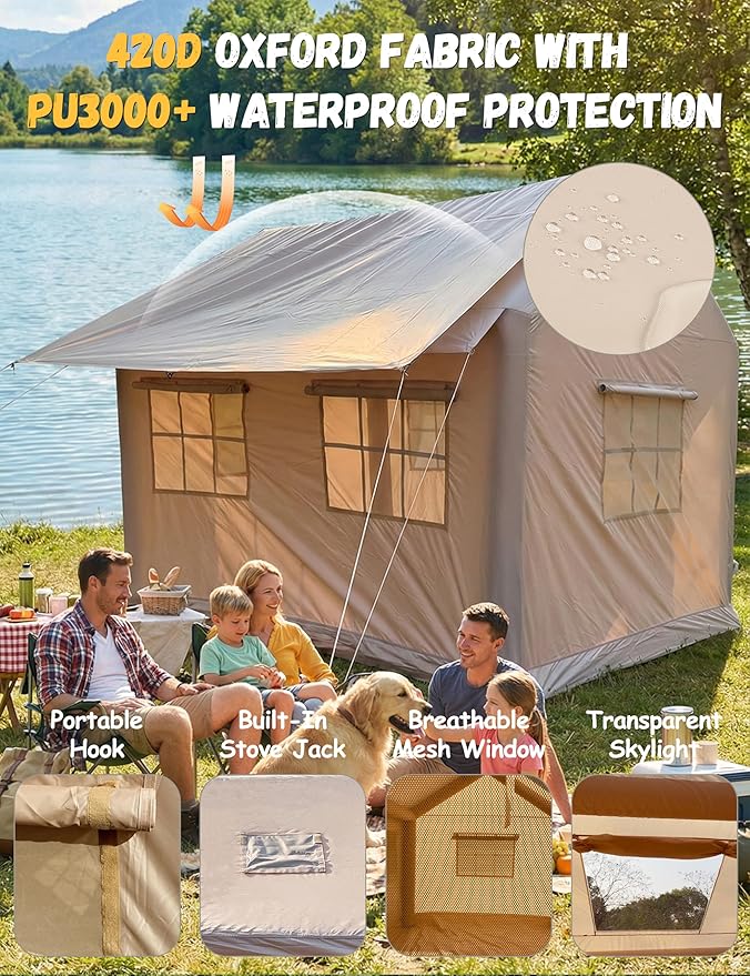 Luxury Glamping Inflatable Tent House for 6-8 Person, 118"x158" XL Awning, 6.3" Extra Thick Air Beams (Stronger Than 5"), Heavy Duty Waterproof Oxford, Fast Setup Camping Tent with Pump & Bag