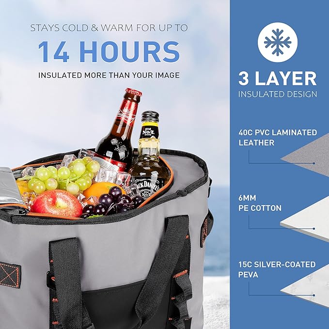 20 Cans Insulated Cooler Bag, Collapsible Leakproof Outdoor Portable Cooler with Zippered, Reusable Portable Grocery Cooler Bags for Travel, Picnic, Camping, Kayaking