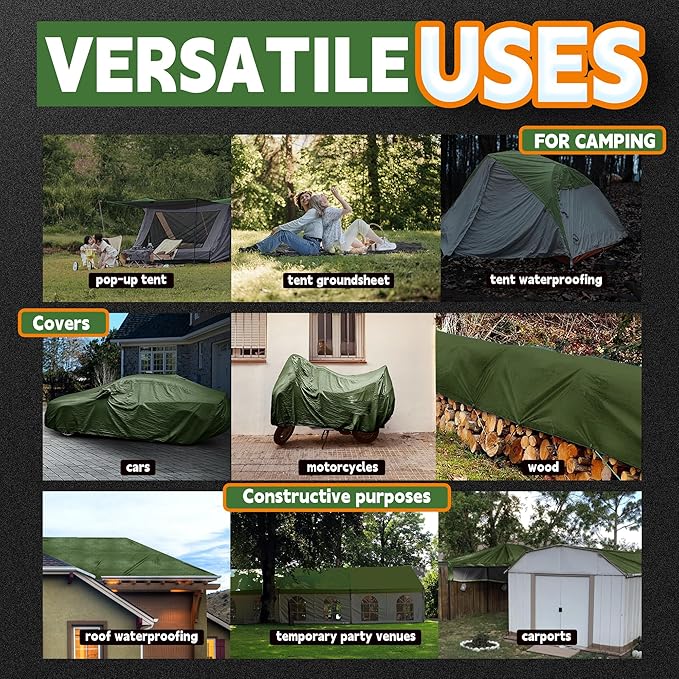 RAINDEWAY Tarps 8x10 Feet,Tarp Waterproof,9Mil Thick,Finished Size,Multipurpose Poly Tarp Cover with Metal Grommets and Reinforced Edges,Green/Black Tarpaulin