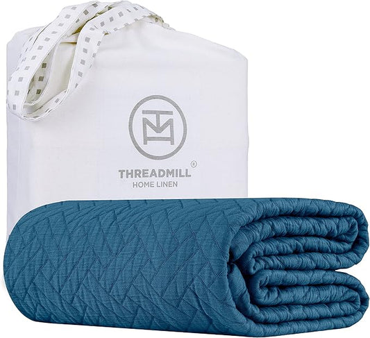 Threadmill Luxury Cotton Blankets for Twin Size Bed | All-Season 100% Cotton Twin Blanket for Bed | Criss Cross Jacquard Lightweight, Soft & Cozy Coverlet, 350GSM, 68x90 inches | Folkstone Blue
