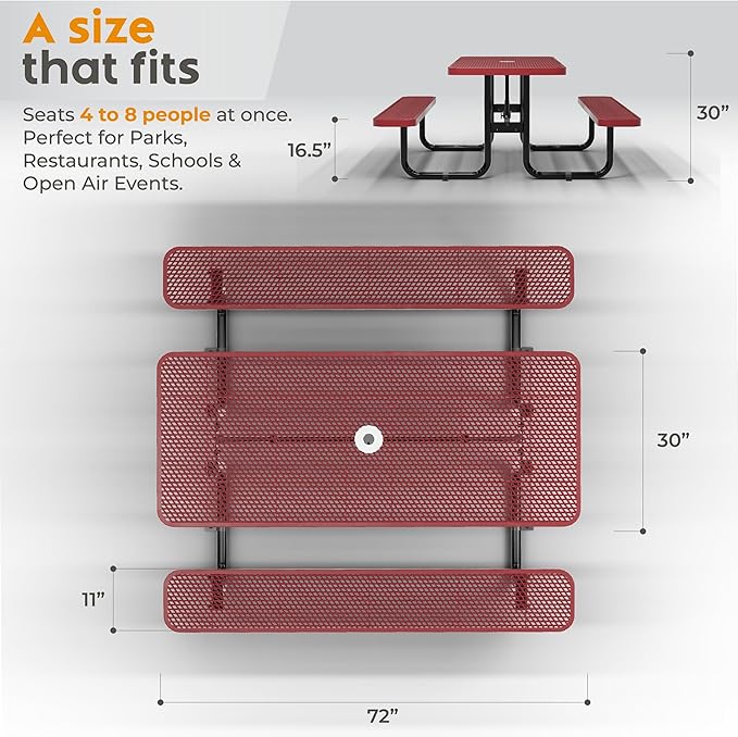 Metal Picnic Furniture for Outdoors with Umbrella Hole - Coated Steel Heavy Duty Commercial Grade Table with Adjustable Seats, Patio Set for a Lifetime (Red, 6' Rectangular)