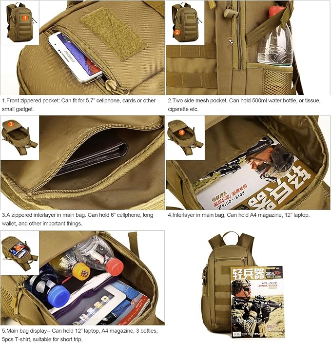 HUNTVP 10L Tactical Backpack Small Backpack Mini Daypack Military MOLLE Rucksack Gear Tactical Assault Pack Bag for Hunting Camping Trekking(10L Dark Brown)
