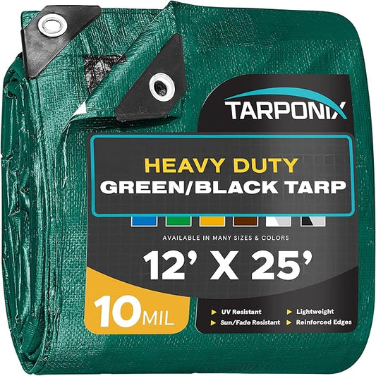 12' x 25' Dual-Sided Heavy-Duty Tarp – 10 Mil Tear-Resistant Green & Black Cover with Reinforced Edges and Anti-Rust Grommets