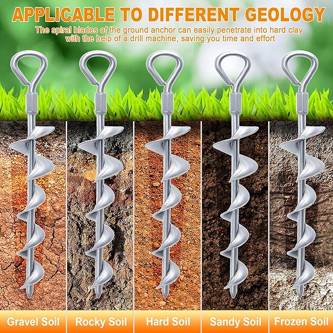 Ground Anchors Screw in 15 Inch, 4Pack Tent Stakes Heavy Duty with T-Handle Hex Wrench and Power Nut Driver