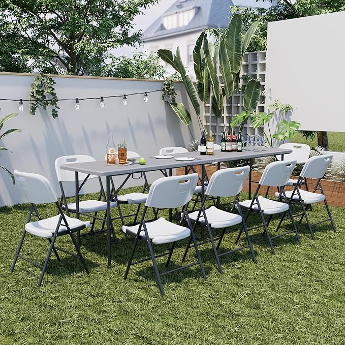 VECELO Folding Table 4 Foot with Mesh Bag, Indoor Outdoor Heavy-Duty Portable w/Handle,Fold-in-Half for Picnic, Party, Camping, Light Grey