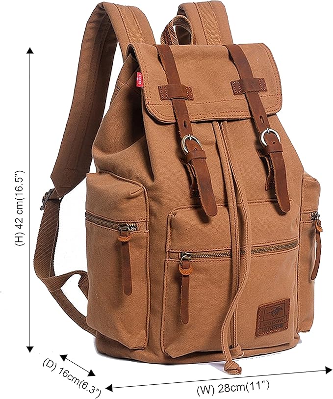 HuaChen Vintage Canvas Travel Backpack with Leather Trim, Laptop Padded Sleeve, Hidden Back Security Pocket, Fits 14-Inch, M32 Tan