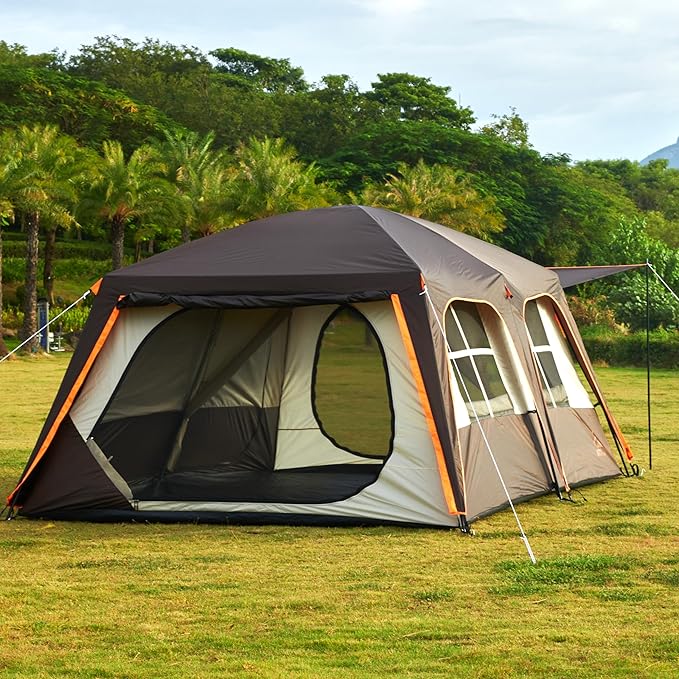 KTT Extra Large Tent 12 Person(A),Awning Family Cabin Tents,2 Rooms,4 Doors and 4 Windows with Mesh,Straight Wall,Waterproof,Double Layer,Big Tent for Outdoor,Picnic,Camping,Family Gathering。