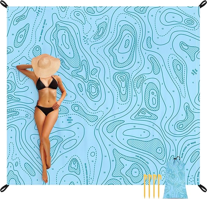Beach Blanket Waterproof Sandproof, 78”x 86” Large Sand Free Beach Mat with 4 Stakes & Portable Bag, Big Flodable Compact Outdoor Pockets Picnic Blanket
