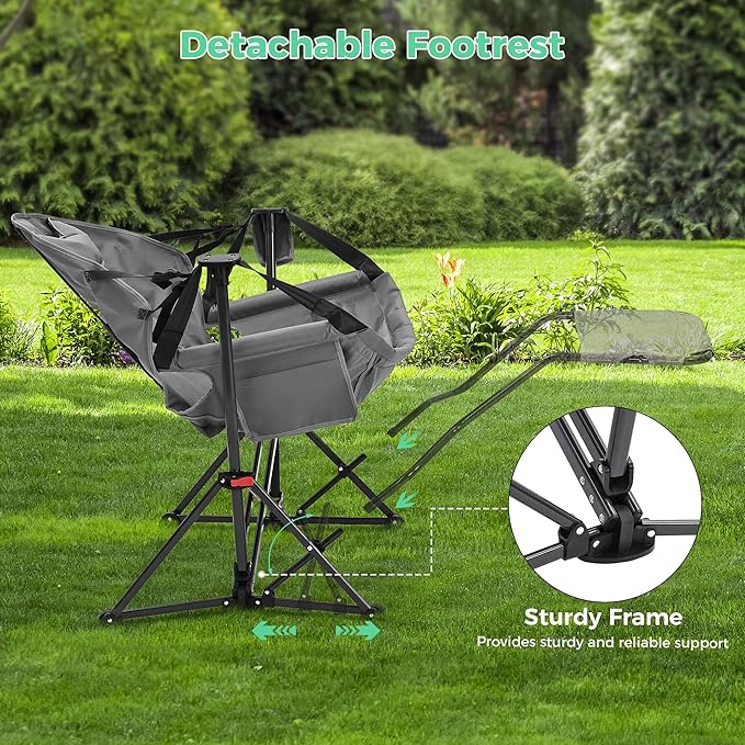 Ainfox Hammock Camping Chair with Footrest, Foldable Portable Rocking Chairs for Adults Outside Swinging Camp with Cup Holder Pillow for Outdoor Patio Poolside (Light Grey)