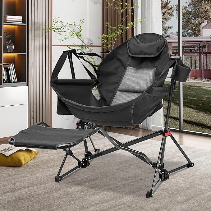 Ainfox Hammock Camping Chair with Footrest, Foldable Portable Rocking Chairs for Adults Outside Swinging Camp with Cup Holder Pillow for Outdoor Patio Poolside (Black)