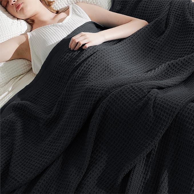 Bedsure Gentlesoft 100% Cotton Large Throw Blanket for Couch 50x70 inches - Breathable and Soft, Waffle Weave Throw Blanket for Office, Black