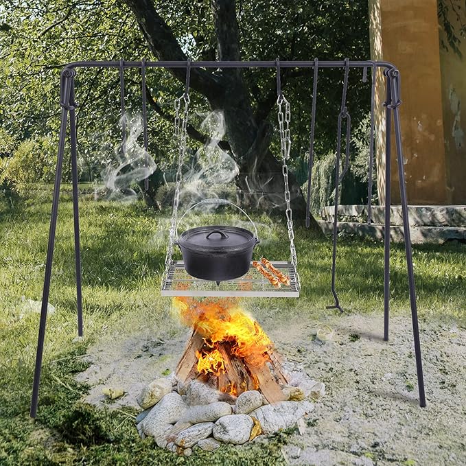 Lineslife Grill Swing Campfire Cooking Stand with Adjusatble Stainless Steel Grill Grate, Collapsible BBQ Grill with Hooks and Accessories for Outdoor Camping Cookware & Dutch Oven