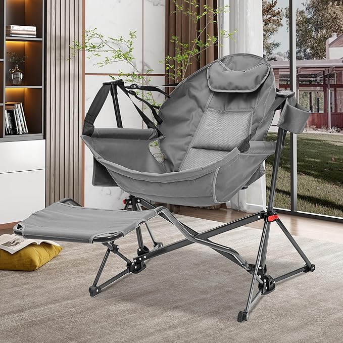 Ainfox Hammock Camping Chair with Footrest, Foldable Portable Rocking Chairs for Adults Outside Swinging Camp with Cup Holder Pillow for Outdoor Patio Poolside (Grey)