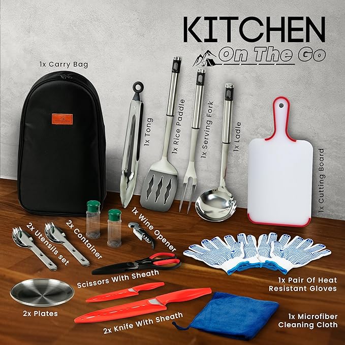 Camping Utensils Set, 21pcs Camp Cooking Kit with BBQ Tools, Knife Set & Spice Kit – Heat-Resistant Cutting Board, Dishwasher-Safe Cutlery for Outdoor, Hiking, Backpacking