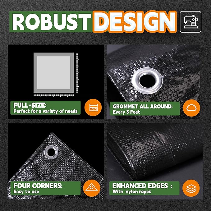 RAINDEWAY Small Black Tarp 3x3 Feet (2 Pack),UV Resistant, Multipurpose Medium Duty Waterproof Poly Tarps, Tent Tarp,Cover with Metal Grommets and Reinforced Edges, Finished Size