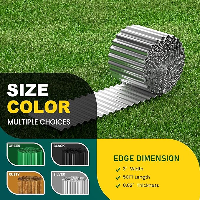 Corrugated Metal Garden Edging, Landscape Edging Border for Garden, Flower Bed, Lawn and Landscape Edging (Silver, 3"×50Ft)