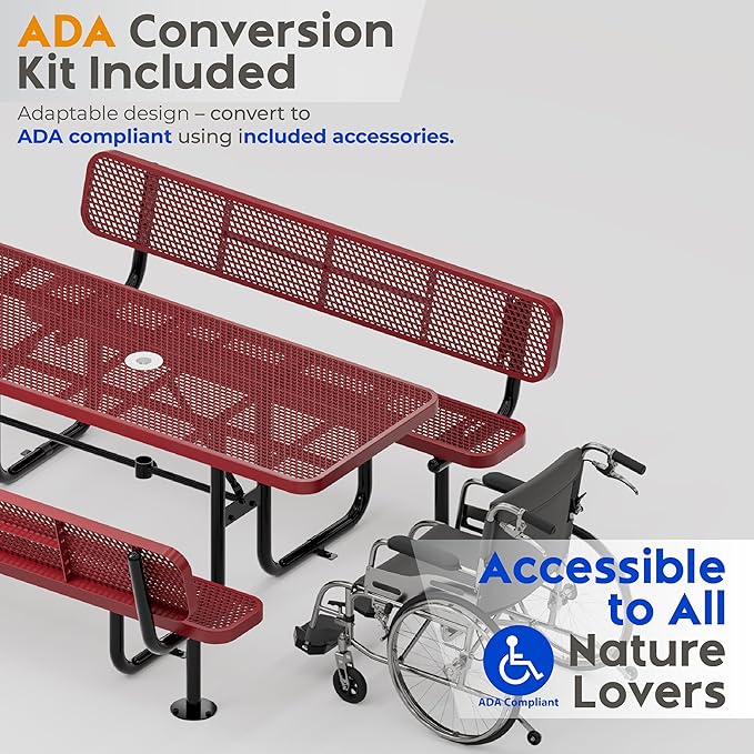Metal Picnic Furniture for Outdoors with Umbrella Hole - Coated Steel Heavy Duty Commercial Grade Table with Adjustable Seats, Patio Set for a Lifetime (Red, 6' Rectangular with Back)