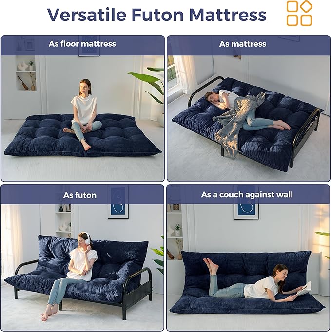 MAXYOYO 6" Japanese Floor Mattress, Foldable Futon Mattress Queen Size, Tufted Roll Up Floor Bed, Thick Tatami Mat Sleeping Pad Portable Lounger for Camping Guest Room Dormitory Bedroom RV, Navy