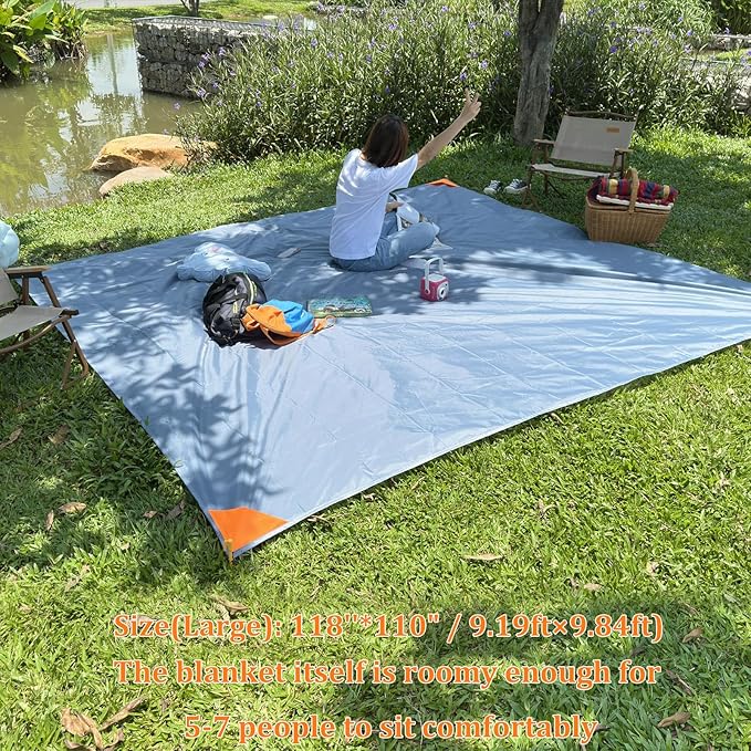 Family Beach Blanket Large Foldable Picnic Mat Portable Lightweight Camping Tarp Tent Blankets Washable Rug Quick Dry Compact Beach Mats Hiking Outdoor Essentials (Gray/Blue118*110" / 9.19ft×9.84ft)
