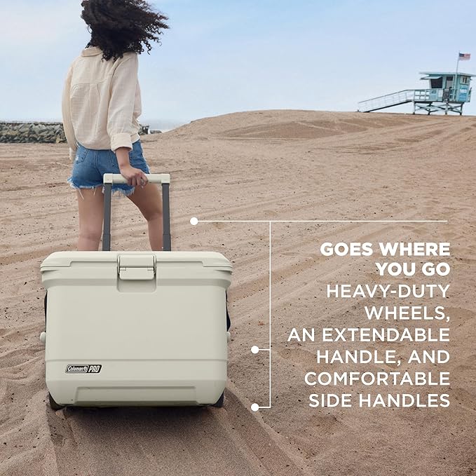 Coleman Pro Heavy-Duty 55qt Wheeled Ultra-Light Premium Hard Cooler, Extra-Thick Insulation Keeps Ice up to 5 Days, 92-Can Capacity, Heavy-Duty Wheels