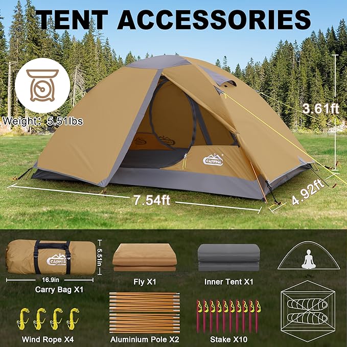 2 Person Backpacking Tent, Waterproof Windproof Two Person Tent, Lightweight Easy Setup 2 Man Tent for Camping Hiking Cycling