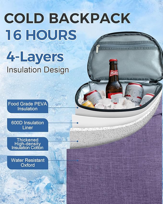 BAGLHER Lightweight Insulated Cooler Backpack - 30 Cans, Leak-Proof for Lunch, Picnic, Hiking, Camping Trips