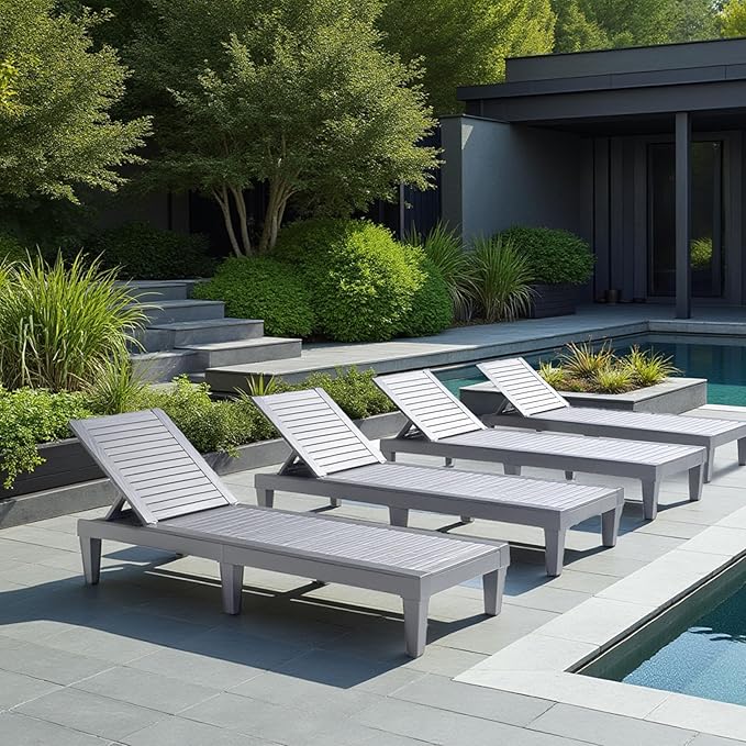 Nestl Patio Chairs - Grey Chaise Lounge Chair Outdoor, 5-Position Adjustable Sun Tanning Chair, Waterproof Pool Lounge Chairs Set of 4, Reclining Lawn Chair, Lightweight Outdoor Lounge Chairs