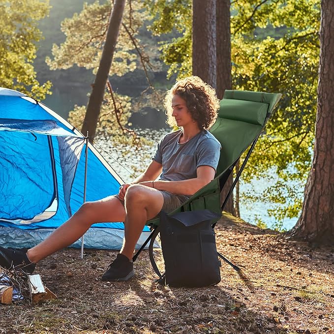 Portable High Back Camping Chair, Support Heavy Duty 440 lbs, Compact Folding Backpacking Chair with Detachable Pillow for Camp, Hiking, Backpacking(Green)
