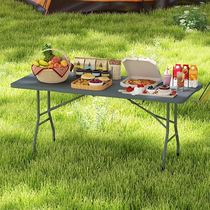 Tangkula 6 FT Folding Table, Indoor Outdoor Foldable Plastic Table with HDPE Tabletop, Sturdy Metal Fame, Carrying Handle, Heavy Duty Portable Fold-in-Half Picnic Table for Camping BBQ Party