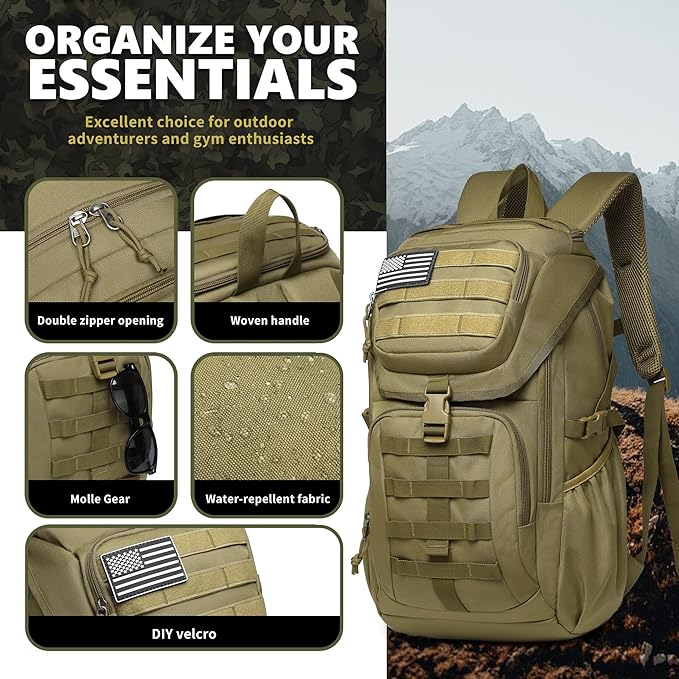 Wotony Tactical Assault Pack Backpack Molle Military Backpack Outdoor Hiking Camping Rucksack Waterproof backpack for men (khaki, 25L)