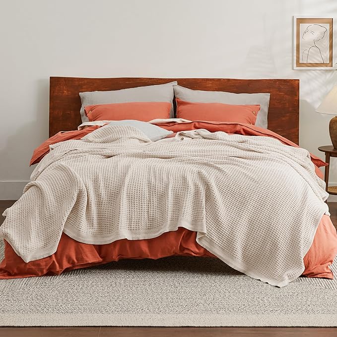 Bedsure Gentlesoft 100% Cotton Blanket King Size for Bed - Breathable and Soft, Waffle Weave Blanket for Summer, Thick Cozy Fall Blankets for Women Gift, Khaki (a Little Bit Yellow), 104x90 inches