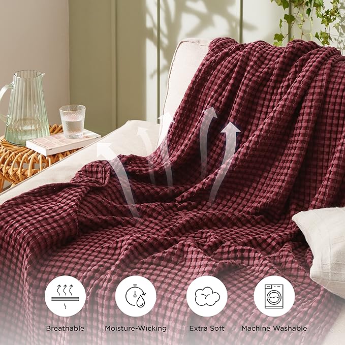 Bedsure Cooling Cotton Waffle Twin XL Blanket - Lightweight Breathable Blanket of Rayon Derived from Bamboo for Hot Sleepers, Luxury Throws for Bed, Couch and Sofa, Burgundy, 66x90 Inches
