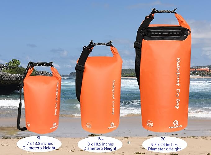 Freegrace Waterproof Dry Bags Set Of 3 Dry Bag With 2 Zip Lock Seals & Detachable Shoulder Strap, Waist Pouch & Phone Case - Can Be Submerged Into Water - For Swimming (Orange, 5L)
