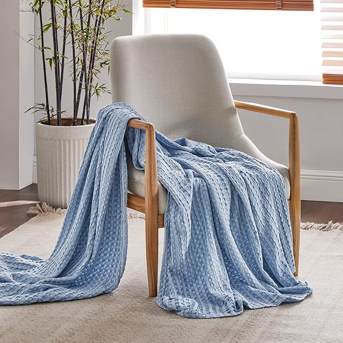 Bedsure Cooling Cotton Waffle Twin XL Blanket - Lightweight Breathable Blanket of Rayon Derived from Bamboo for Hot Sleepers, Luxury Throws for Bed, Couch and Sofa, Sky Blue, 66x90 Inches