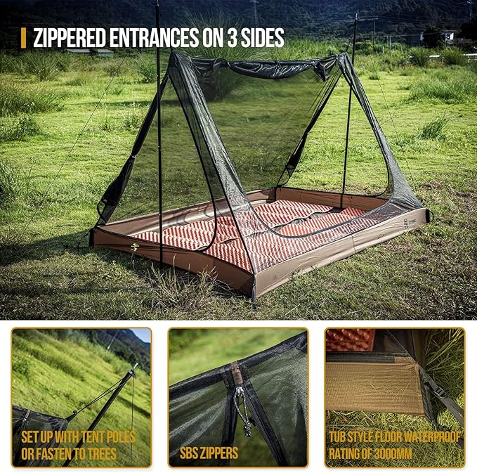 OneTigris 2 Person Mesh Tent, 3 Openings Screen Shelter with Waterproof Bathtub Floor for Outdoors Camping Lightweight Backpacking Thru-Hiking Travel Patio