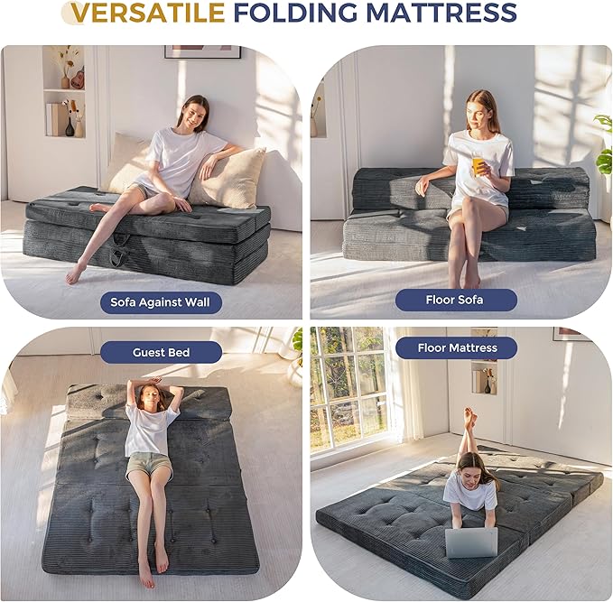 MAXYOYO Folding Mattress, 4 Inch Tufted Foldable Mattress Full Foam Bed, Tri-Fold Floor Couch with Handles Guest Bed Topper Portable Camping Mat with Corded Fabric, Twin Size, Dark Grey