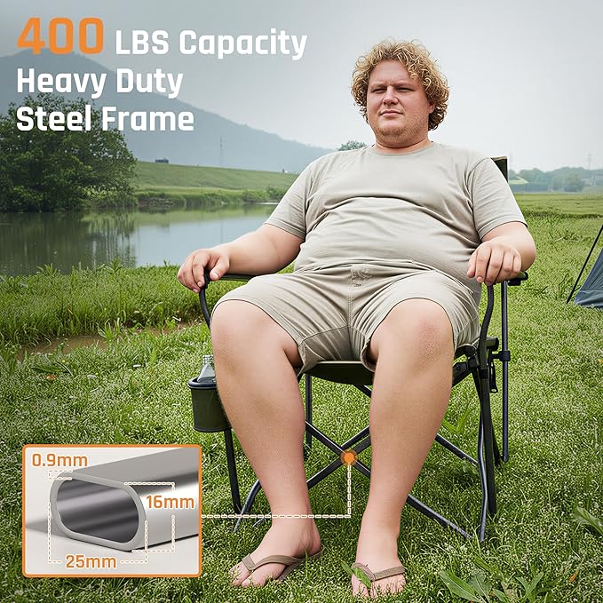 Folding Camping Chairs for Adults Heavy Duty Plus Size Camping Chairs 400 lb Steel Frame Metal Arm Lawn Chairs with Swivel Cup Holder, Extra Large Camp Chair for Outdoor Sports, Green (2 Pack)