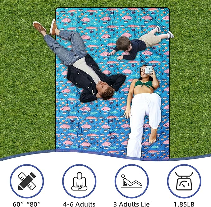 Outdoor Picnic Blanket Blue Ocean 60"x80" Sandproof Beach Blanket Waterproof Picnic Blankets Foldable for Caming, Beach, Outdoor Activities.