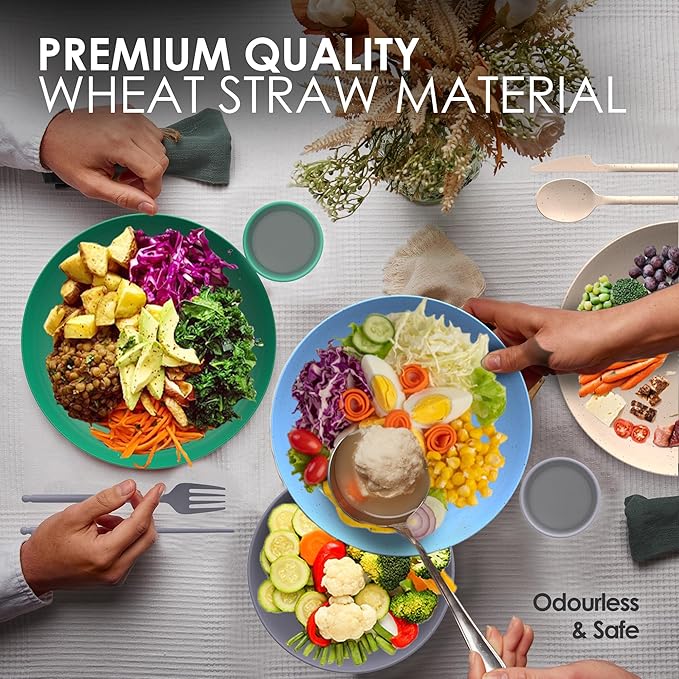 Wheatstraw Dinnerware Set for 4 - Camping Dishes & Utensils - Microwavable Plates - Alternate To Plastic Plates And Bowls - Camping Kitchen Set - Rv Dinnerware - Wheat Straw Dorm Dishes